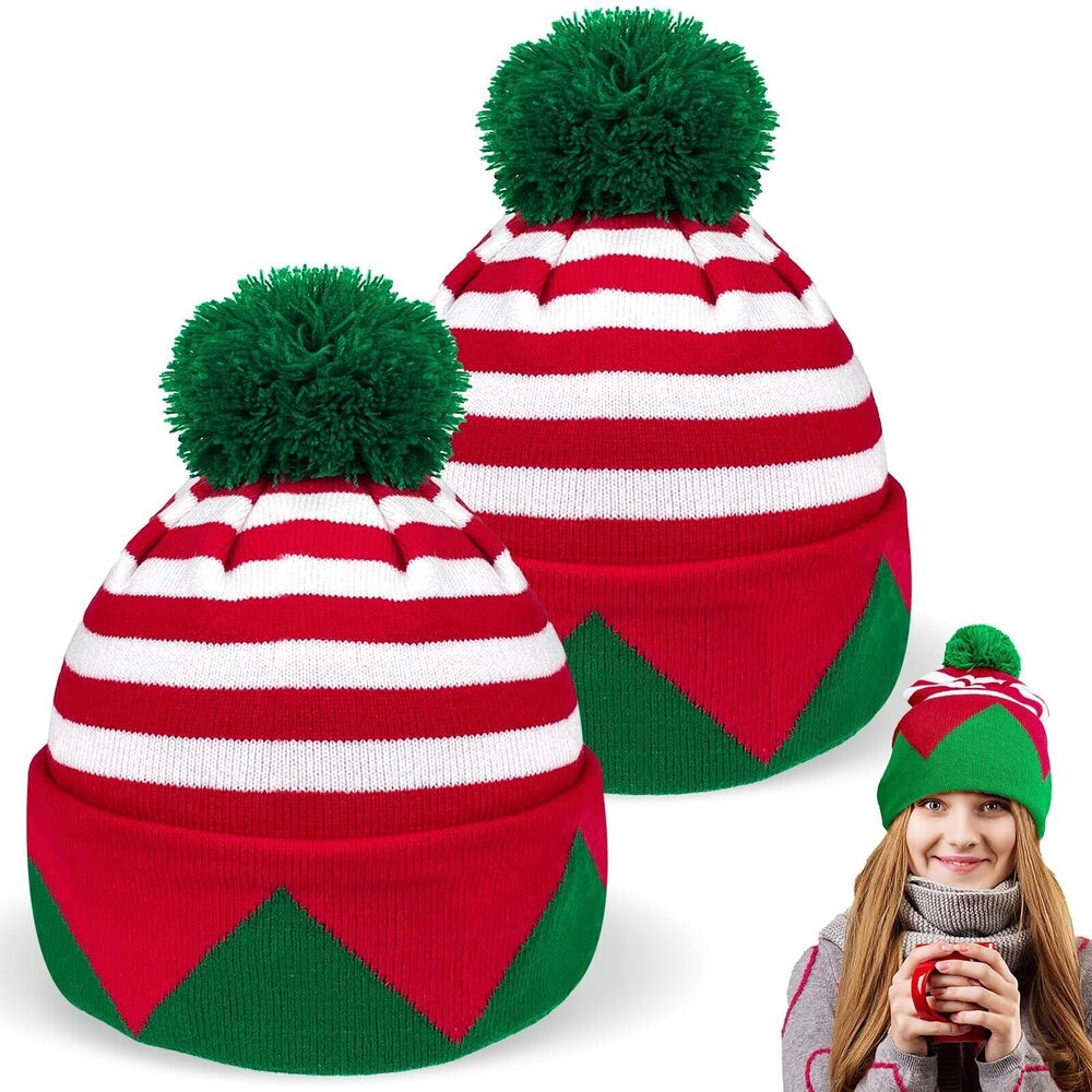 7350 2 Pack Christmas Knitted Elf Hats for Adult Winter Warmth, Halloween